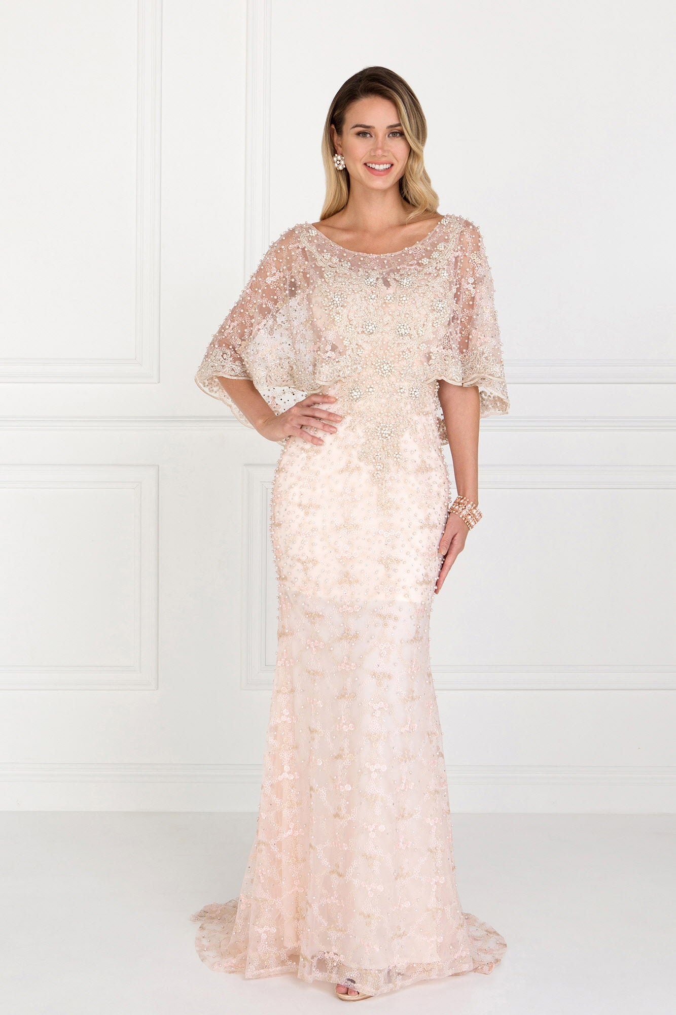 Mesh Mermaid with Embroidered Cape Sleeves Long Mother Of The Bride Dress GLGL1535-0